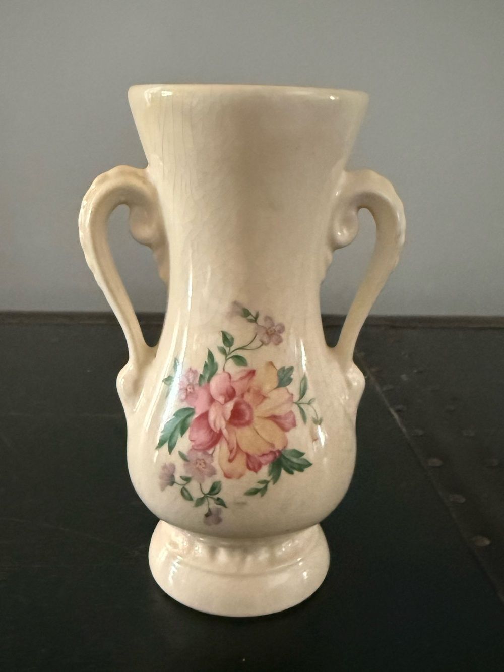 Vintage ROYAL COPLEY Pottery IVORY Handled VASE Peony Rose DESIGN 6 1/4" TALL